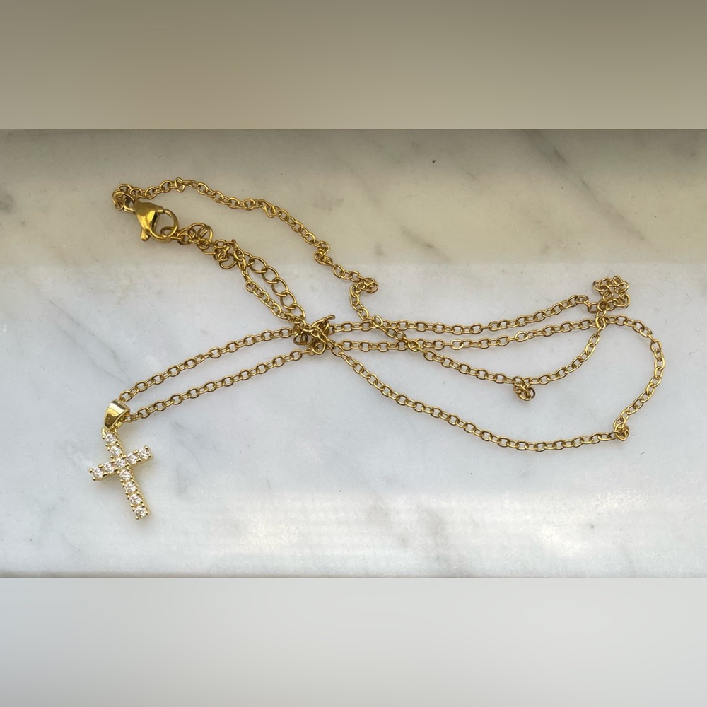 Dainty Gold-Plated Cross & White Stones Pendant Necklace